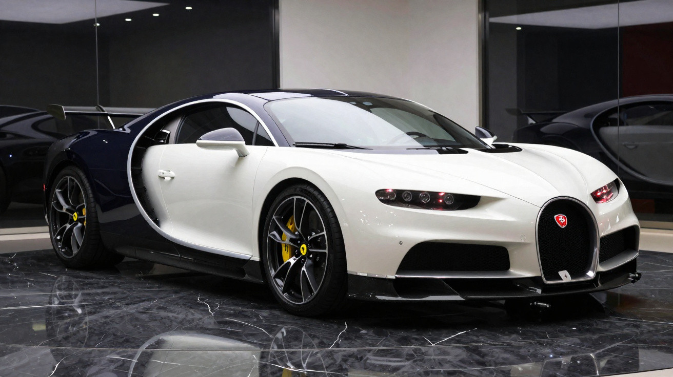 Carro esportivo Bugatti Chiron branco e preto estacionado em piso de mármore escuro com espelhos ao fundo.