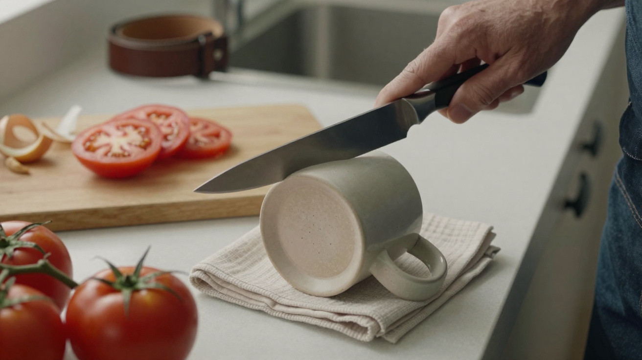 Pessoa segurando faca sobre caneca apoiada em pano na bancada de cozinha com tomates fatiados ao fundo.