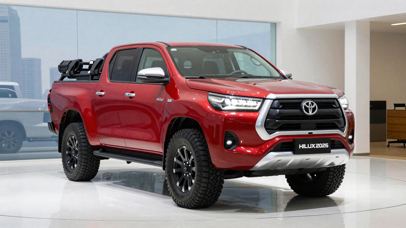 Picape Toyota Hilux 2026 vermelha exibida em ambiente interno moderno e bem iluminado.