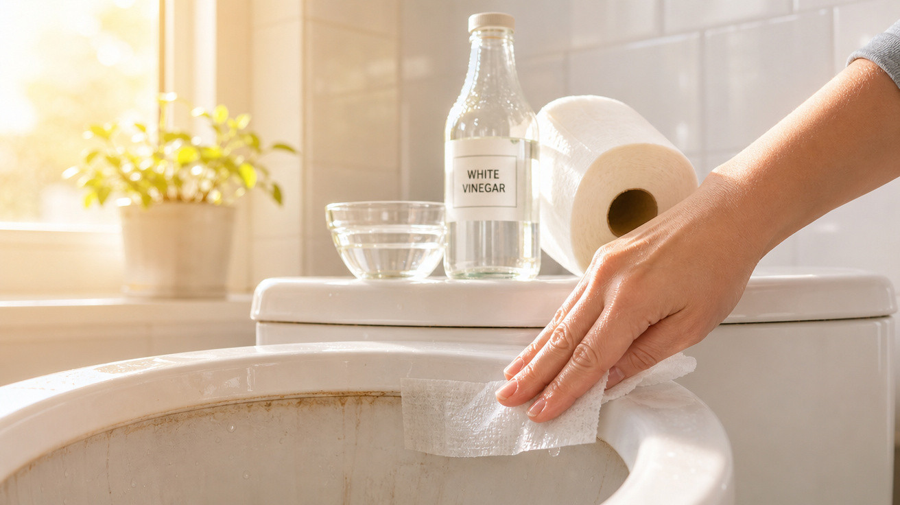 Mão limpando vaso sanitário com papel toalha, vinagre branco e rolo de papel no fundo, luz natural.