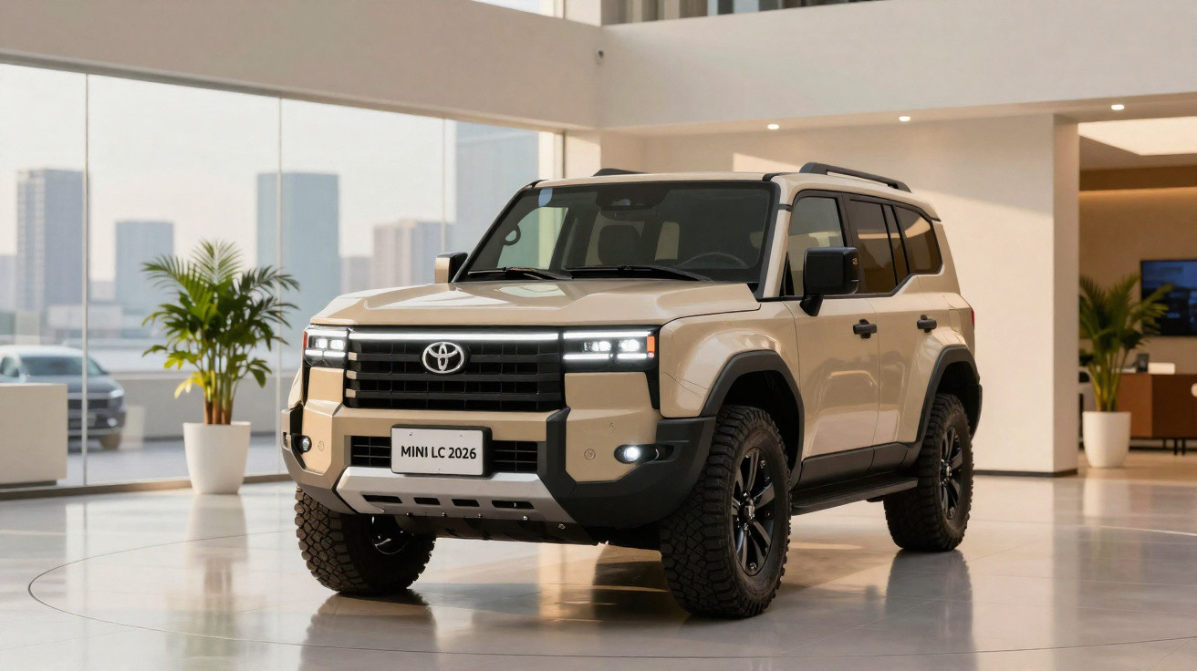 SUV Toyota Land Cruiser MINI LC 2026 bege exibido em showroom moderno e iluminado.