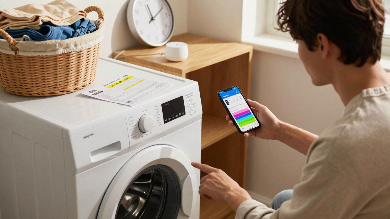 Pessoa usando smartphone para controlar máquina de lavar roupa branca em ambiente interno.