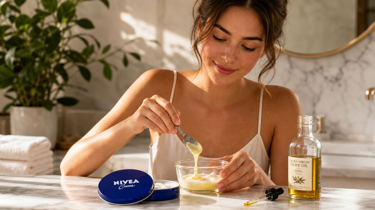 Mulher preparando máscara facial caseira com creme Nivea e azeite extra virgem no banheiro iluminado.