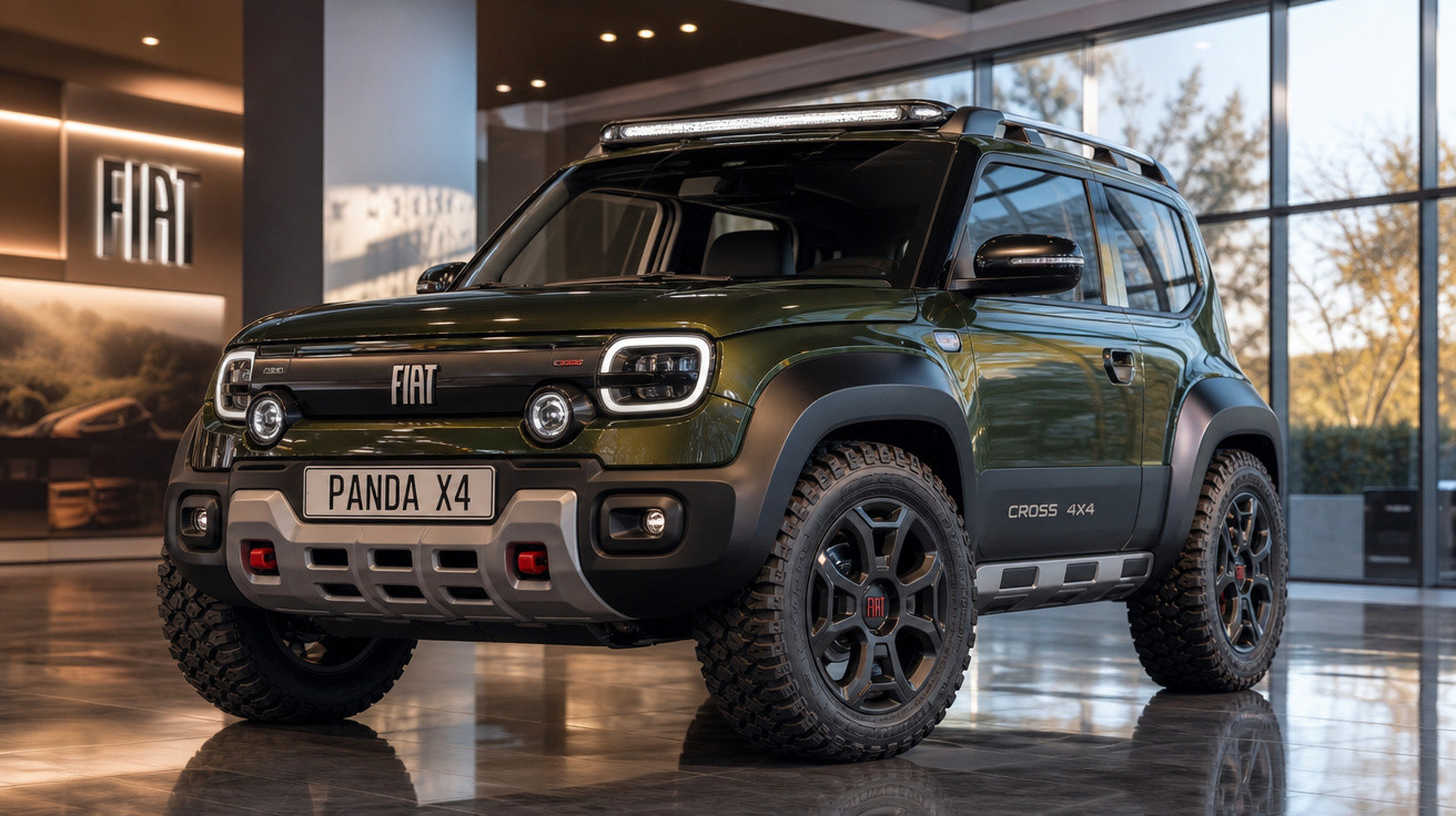 Carro SUV Fiat Panda X4 verde, com pneus off-road e design robusto em showroom iluminado.
