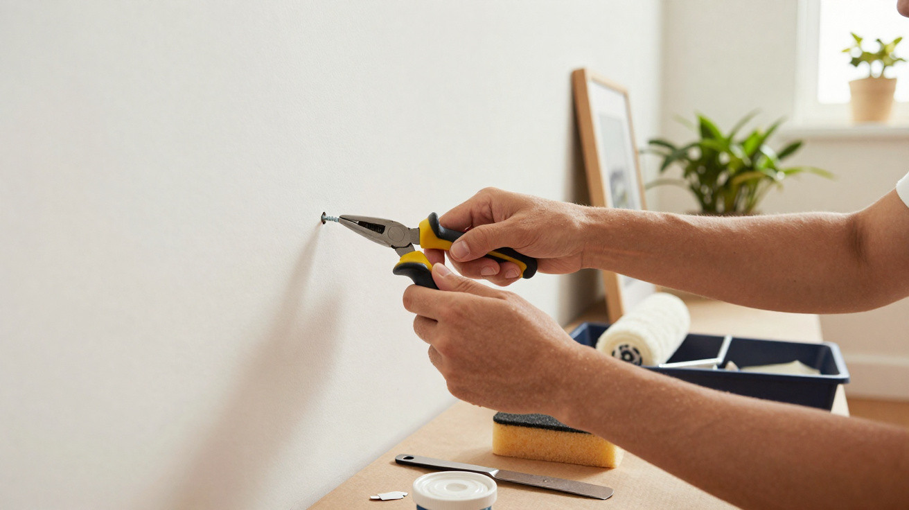 Mãos usando alicate para fixar prego na parede branca, com materiais de pintura ao fundo.