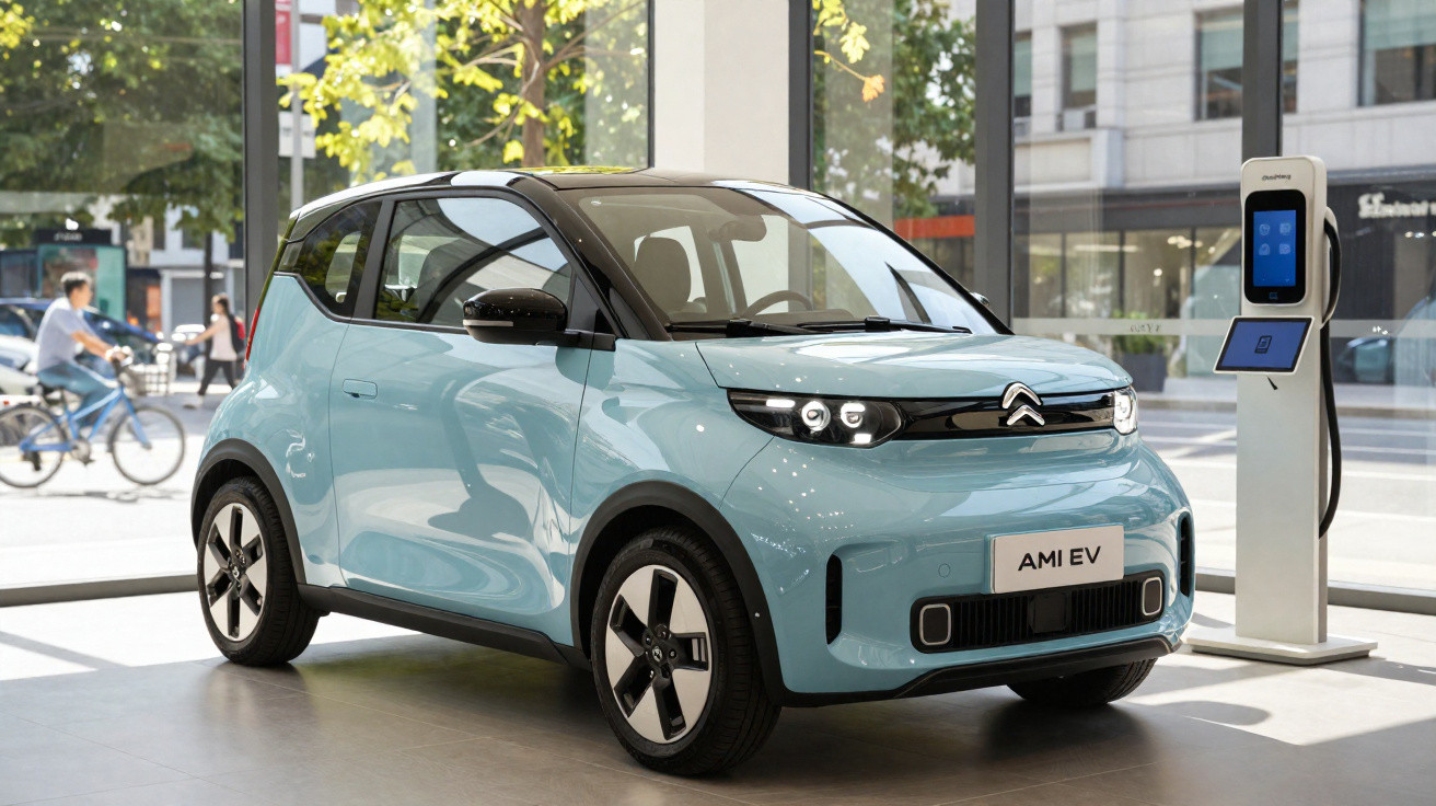 Carro elétrico Citroën AMI EV azul claro estacionado em carregador interno com vidro ao fundo com ciclista.