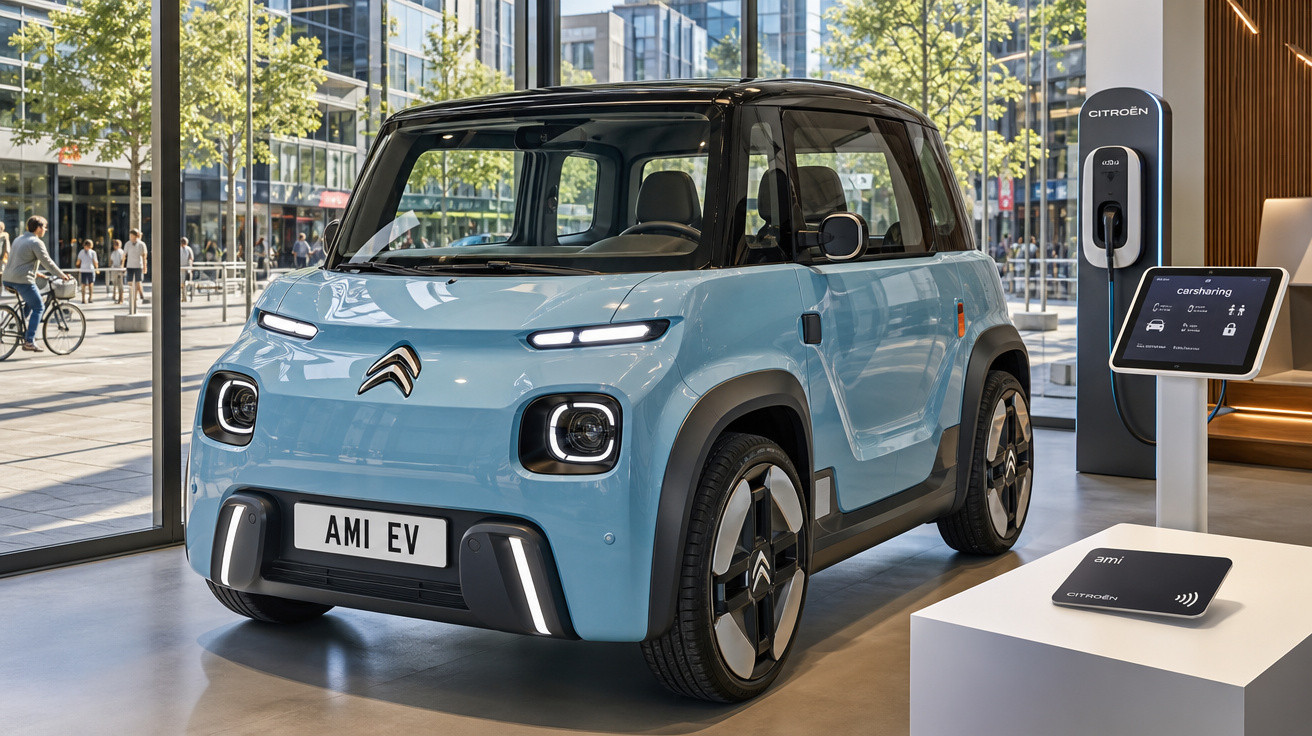 Carro elétrico Citroën Ami EV azul exposto em showroom moderno com estação de recarga ao lado.
