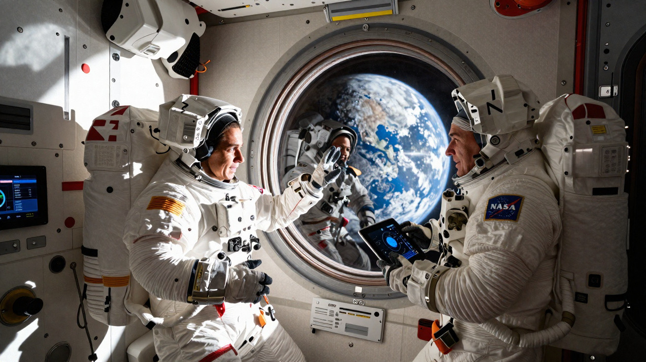 Dois astronautas em trajes completos dentro da estação espacial com a Terra visível pela janela redonda.