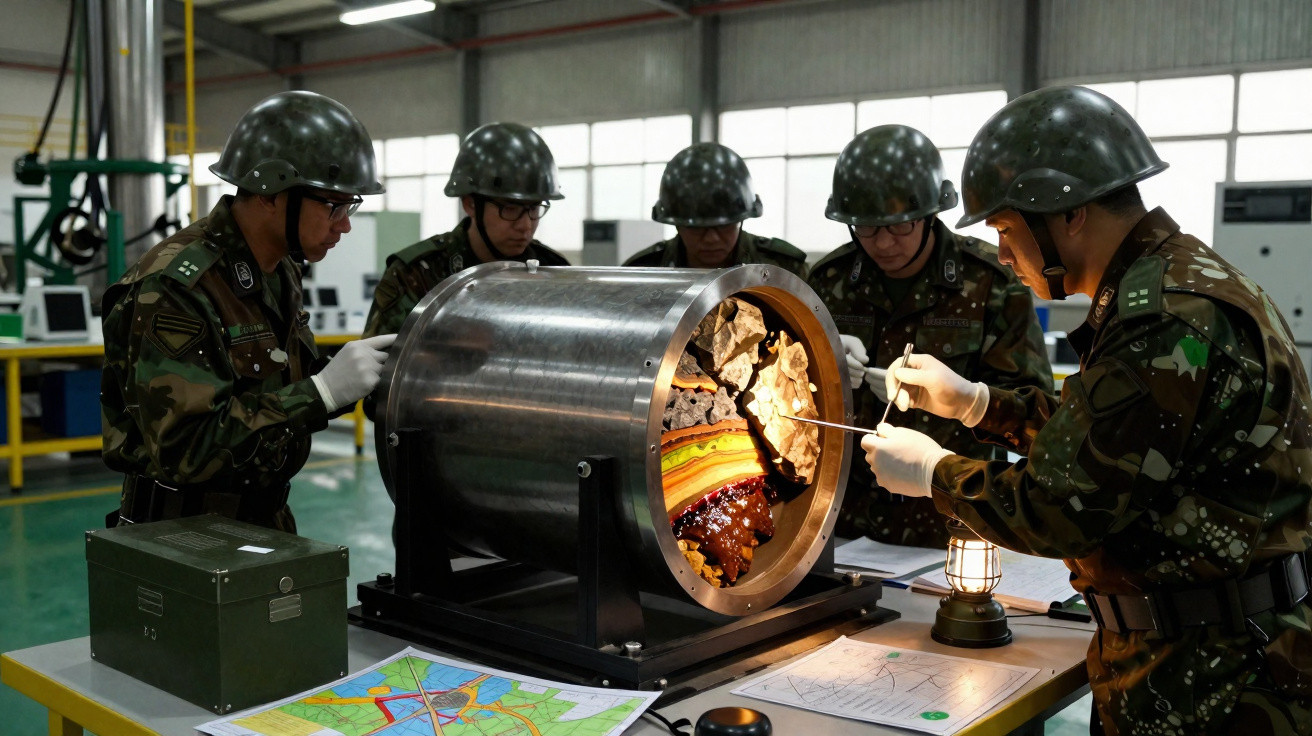 Militares em uniforme e capacete analisam modelo geológico em ambiente interno com mapas e equipamentos.
