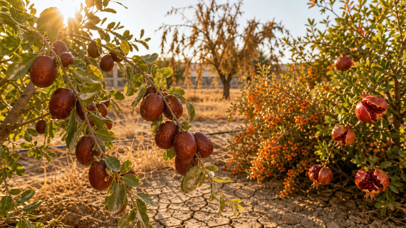 Ramos de romã com frutos maduros em solo seco e árvores ao fundo sob luz do sol.