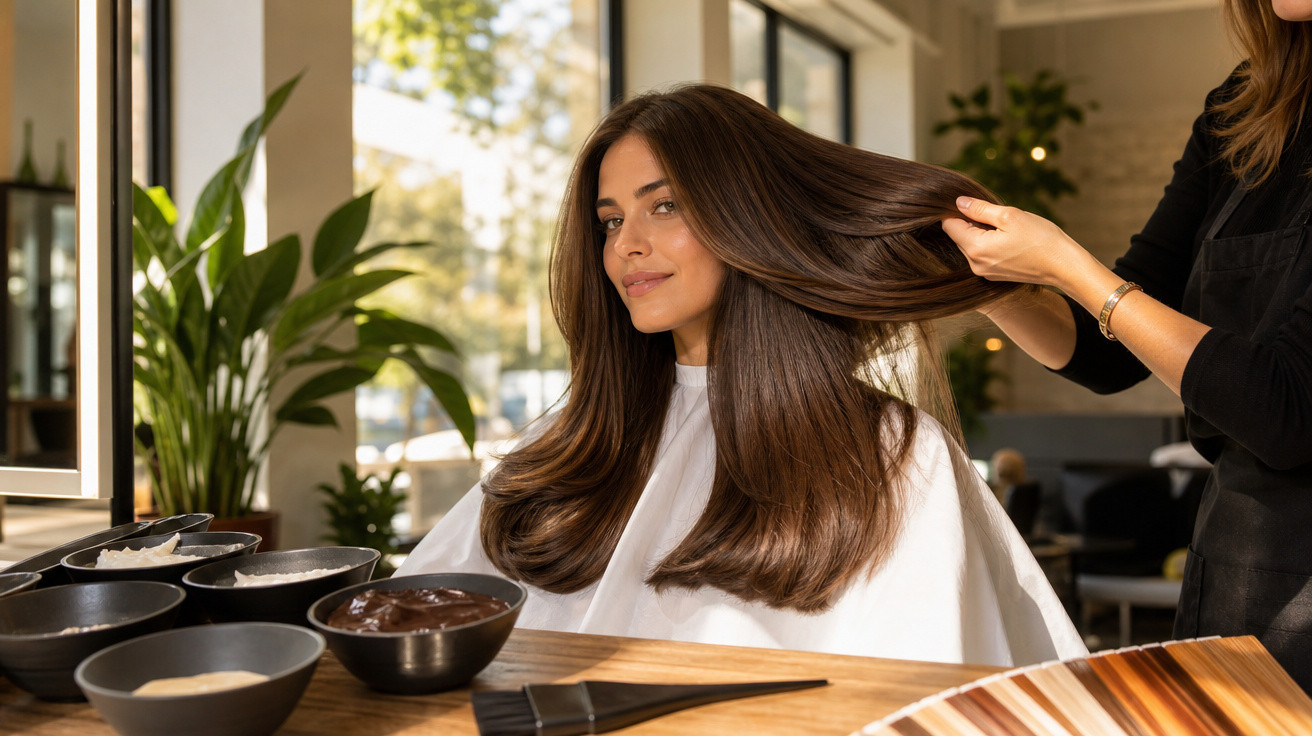 Mulher com cabelo longo e liso sendo preparada para coloração em salão de beleza iluminado.