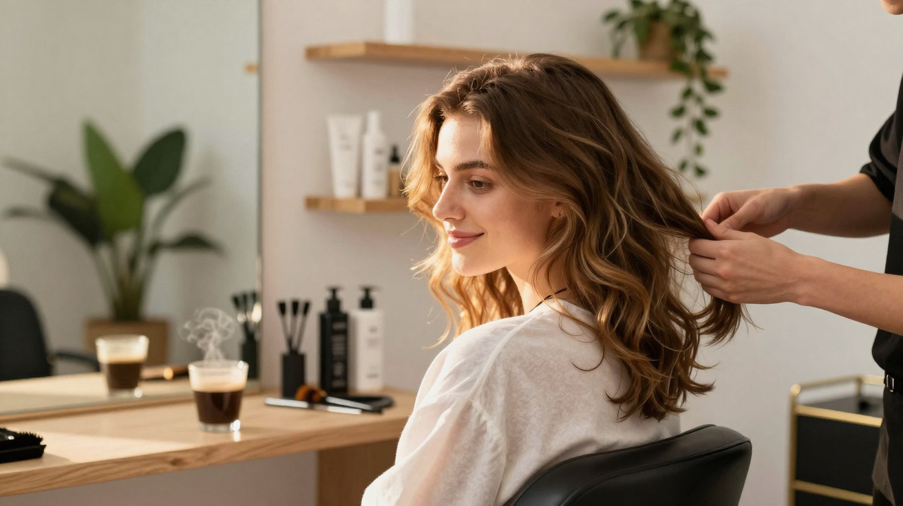 Mulher sorridente recebendo penteado em salão de beleza, com bebidas quentes sobre mesa de madeira.