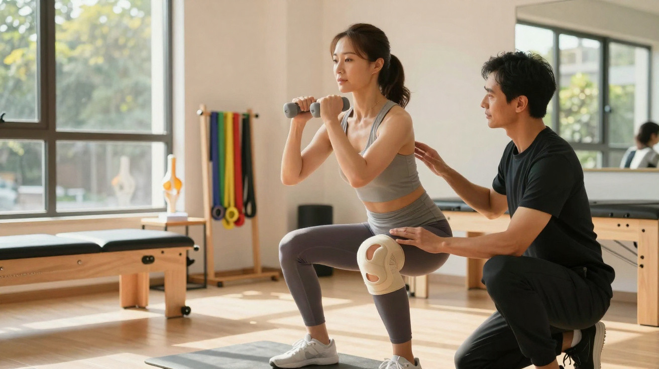 Mulher fazendo agachamento com halteres enquanto treinador corrige sua postura em estúdio de pilates.
