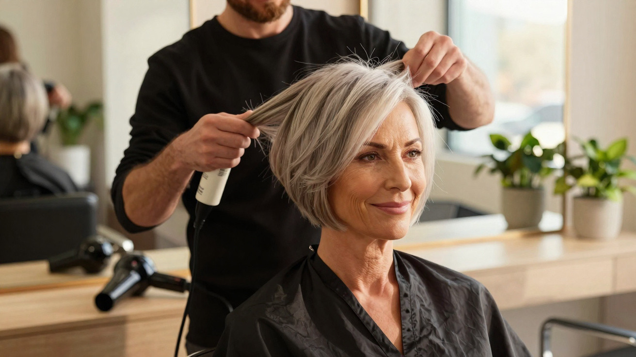 Mulher sorridente tendo o cabelo cuidado por cabeleireiro em salão de beleza iluminado.