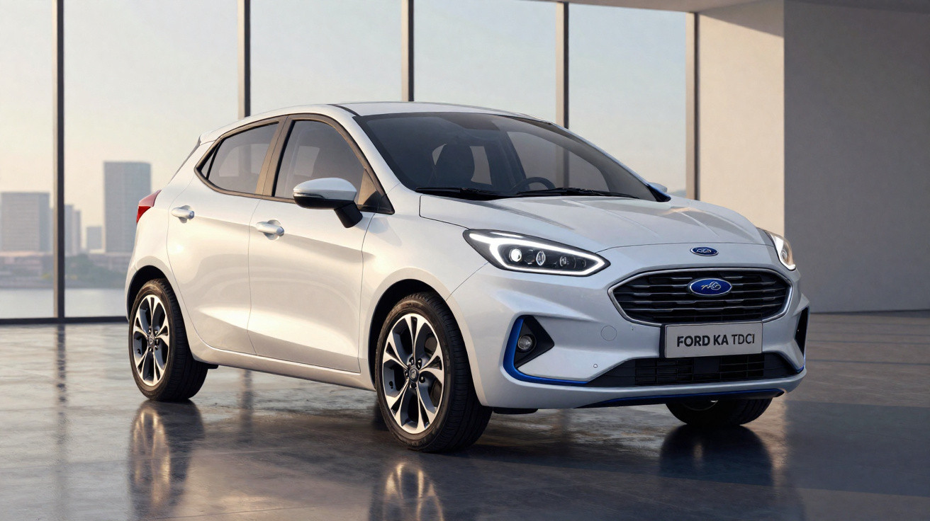 Carro hatch branco Ford Ka TDCi estacionado em ambiente interno com piso refletivo e janelas grandes ao fundo.