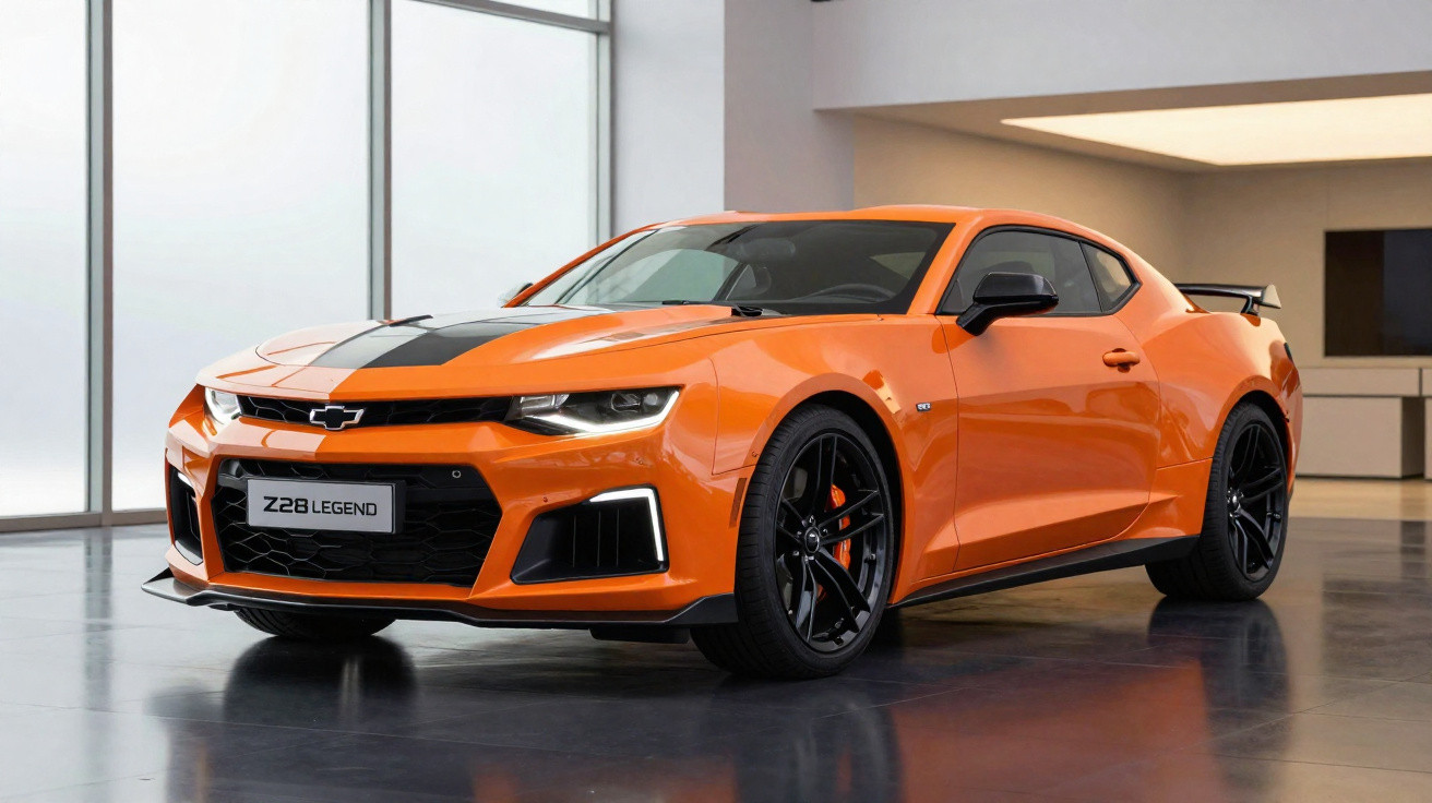 Carro esportivo Chevrolet Camaro Z28 Legend laranja com faixa preta, visto de frente em ambiente interno.