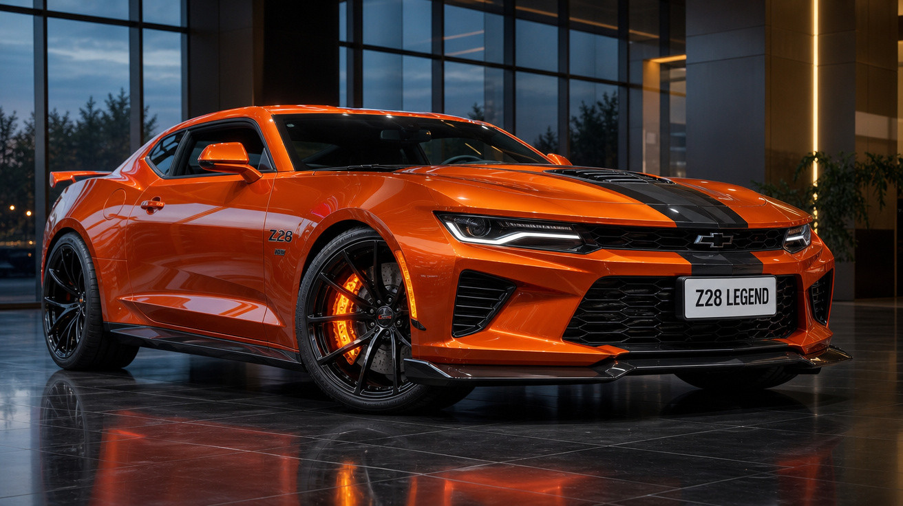 Carro esportivo Chevrolet Camaro Z28 Legend laranja com faixa preta estacionado em ambiente moderno.