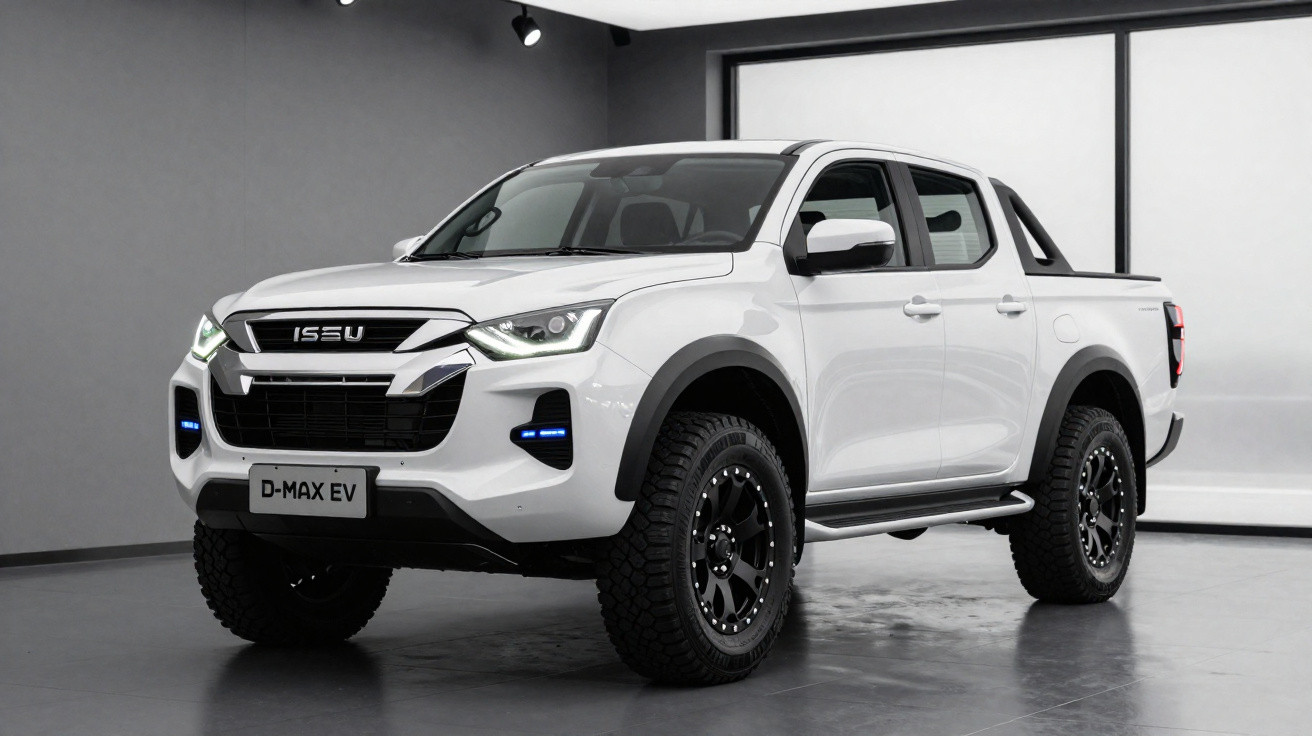 Picape branca ISUZU D-MAX EV estacionada em ambiente interno com iluminação moderna.