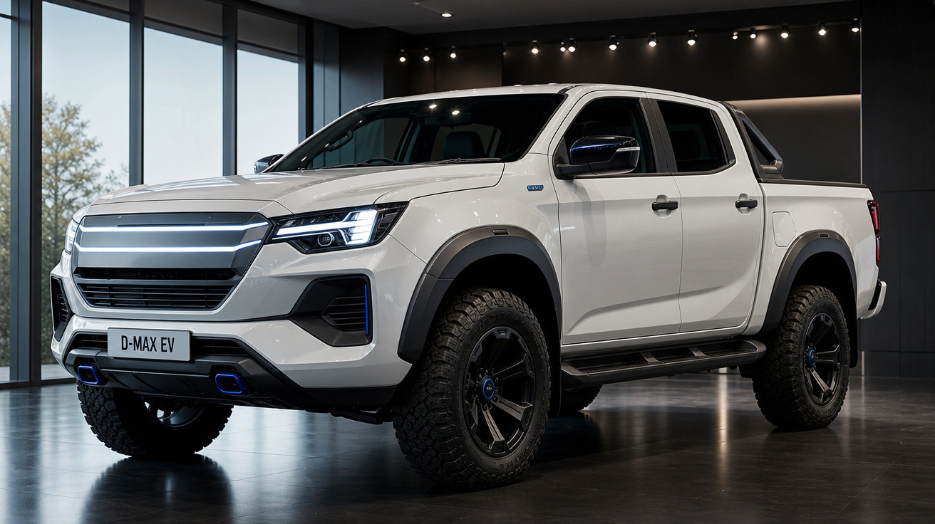Picape branca D-Max EV estacionada em ambiente interno, com destaque para faróis e rodas robustas.