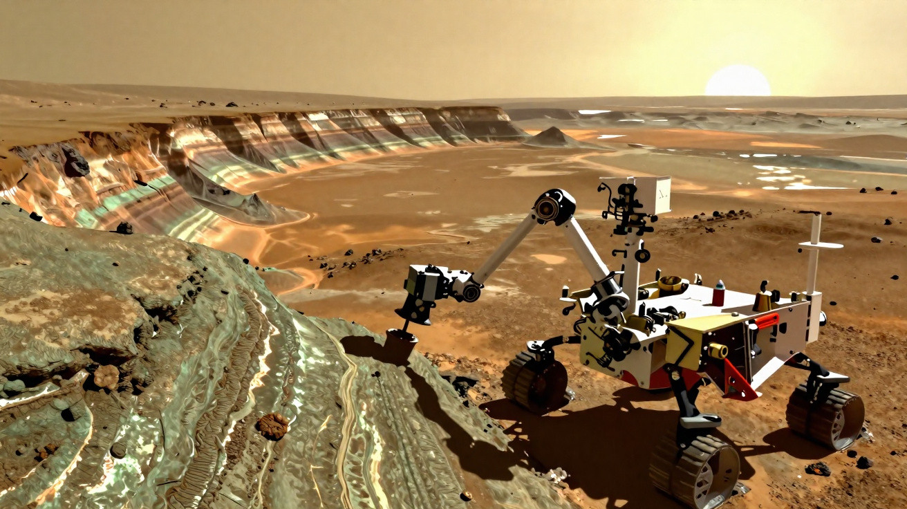 Rover explorando a superfície rochosa e acidentada de um planeta desértico ao pôr do sol.
