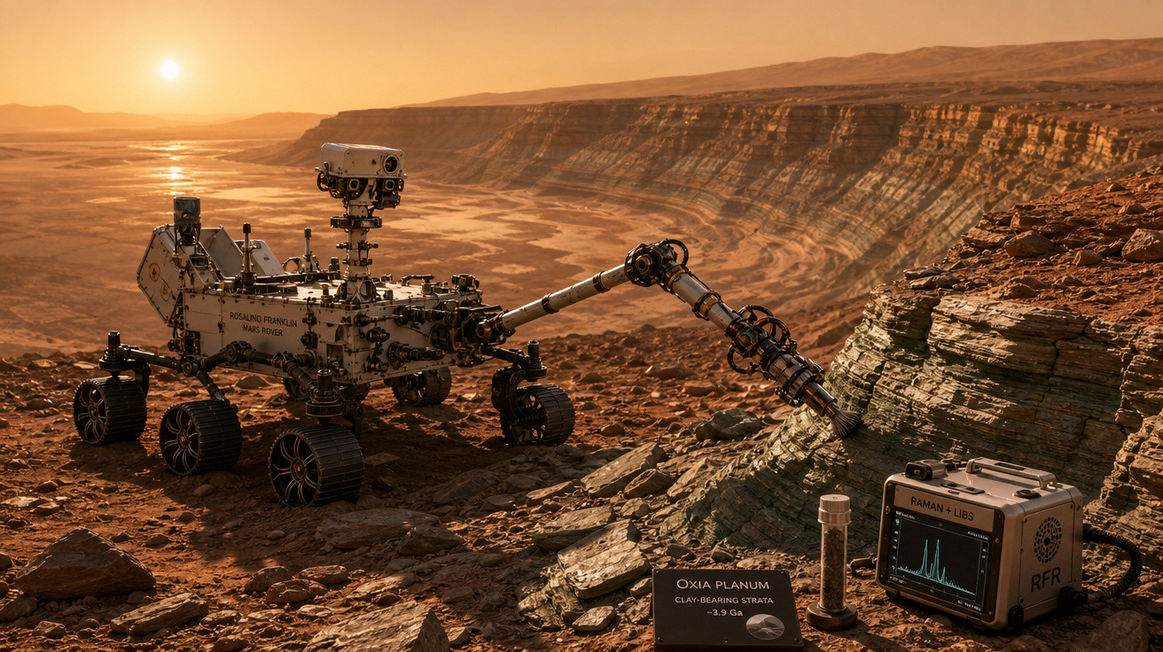 Rover Perseverance explorando superfície rochosa de Marte ao pôr do sol com instrumentos científicos ao lado.