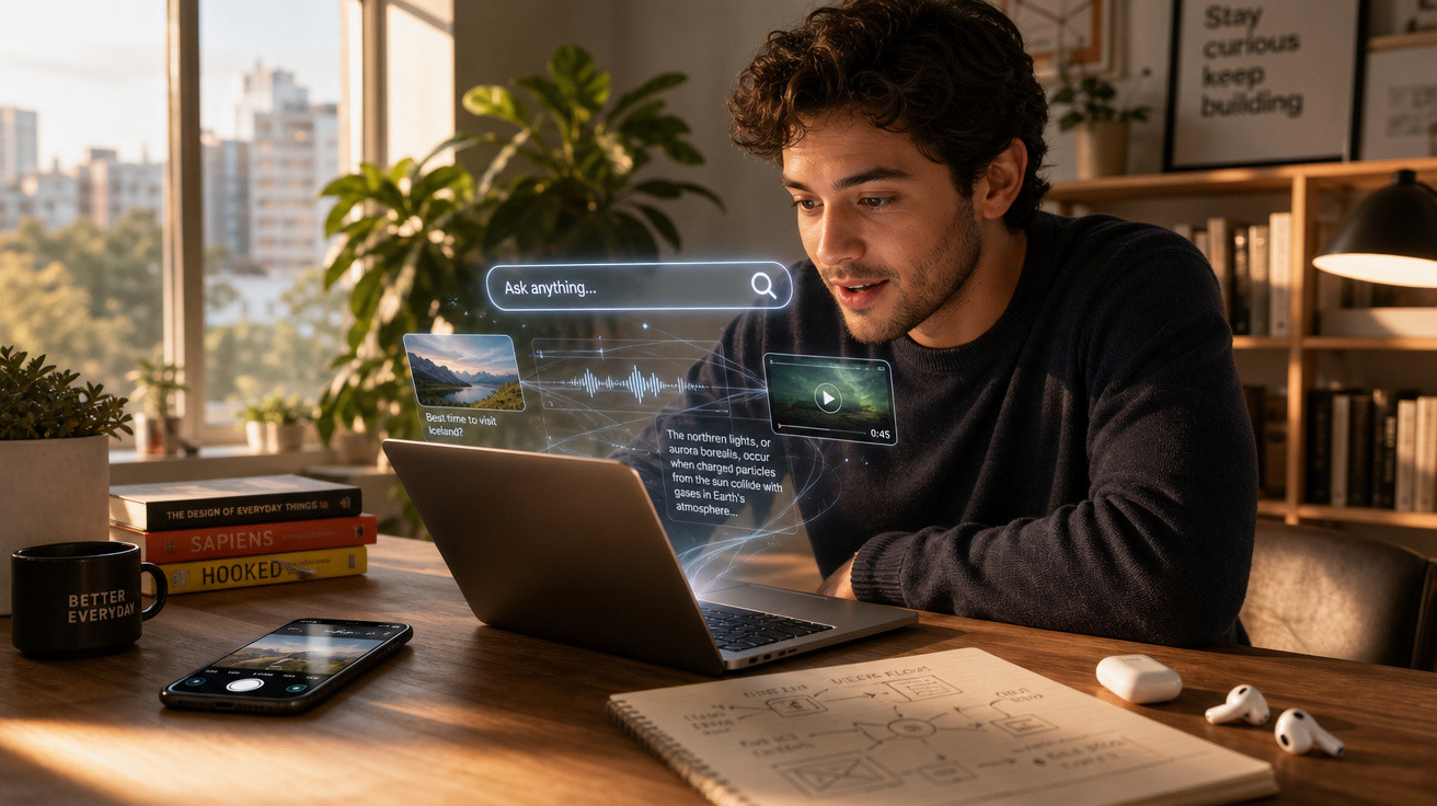 Homem usando laptop com interface futurista de pesquisa holográfica em mesa com caderno, celular e livros.