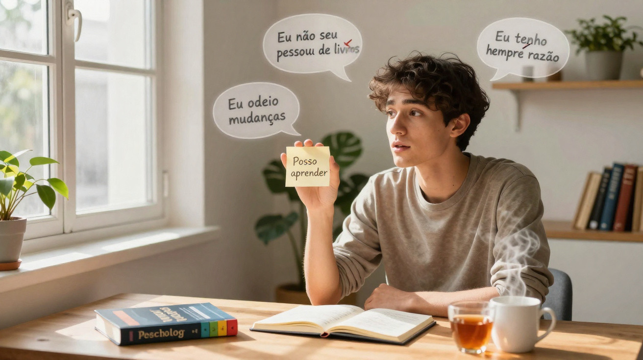 Jovem sentado à mesa segura papel escrito "Posso aprender" com pensamento positivo e autocríticas ao redor.
