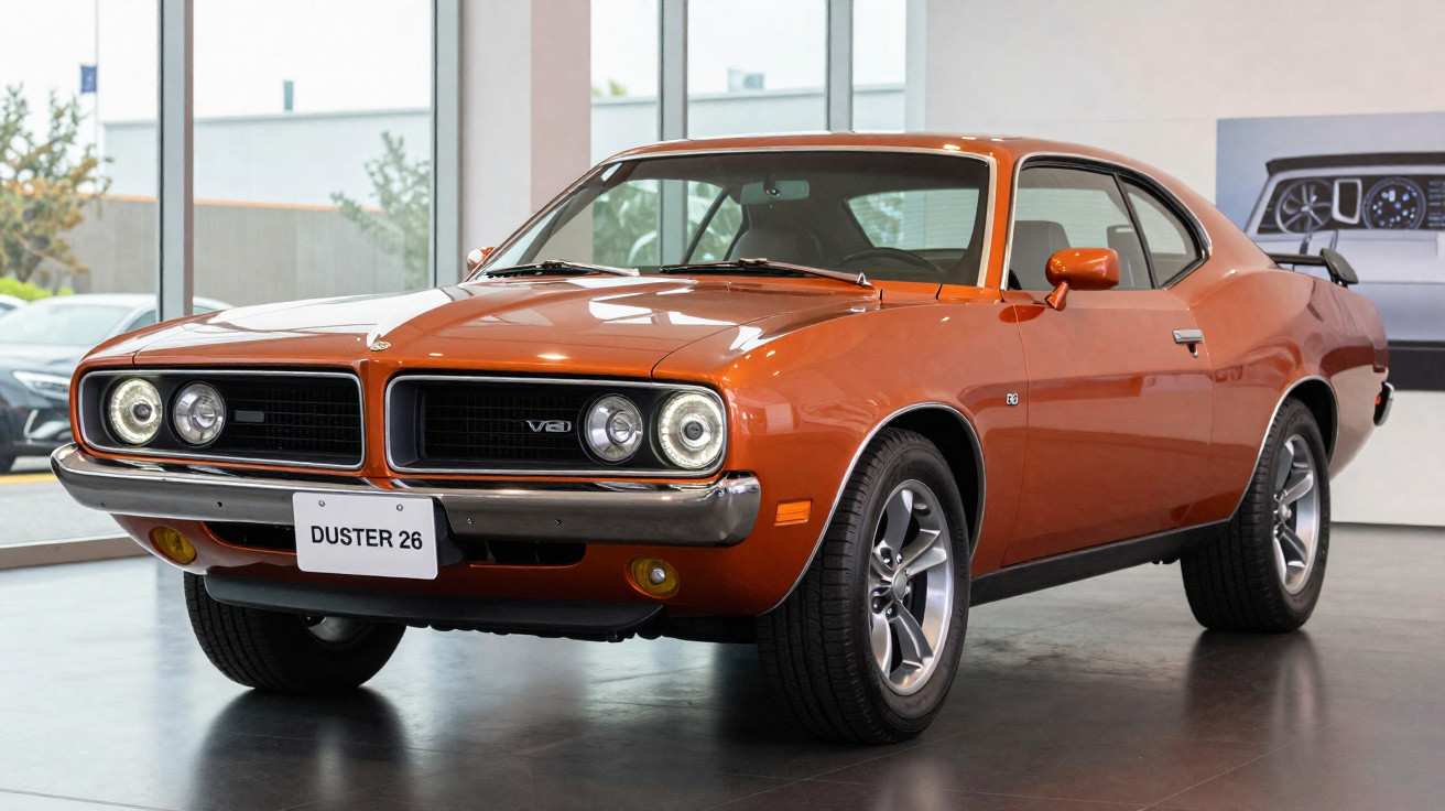 Carro clássico laranja Dodge Charger Duster 26 em exposição com interior visível e pneus esportivos.