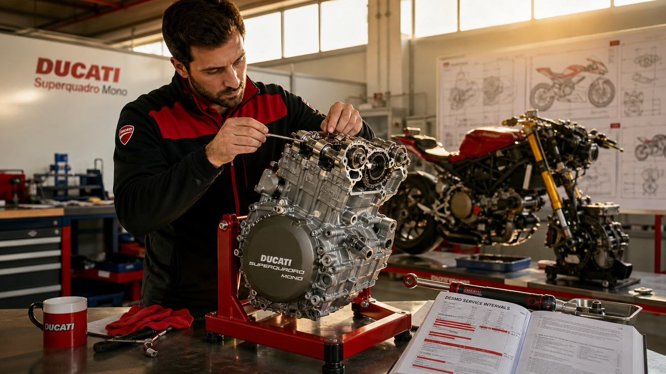Homem trabalhando em motor Ducati em oficina com moto desmontada ao fundo e manual aberto na mesa.
