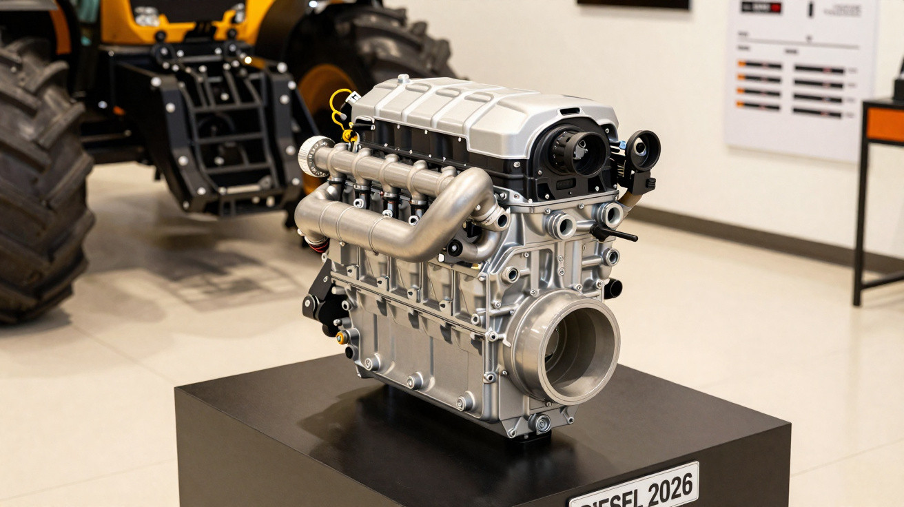 Motor diesel 2026 exposto sobre pedestal preto em ambiente interno de showroom.