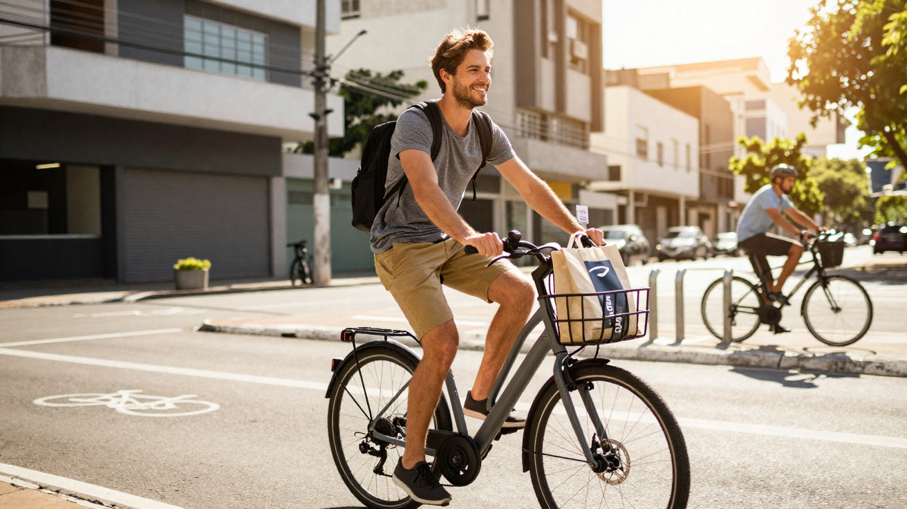 Homem sorridente andando de bicicleta com mochila e sacola na cesta em rua de cidade ensolarada.