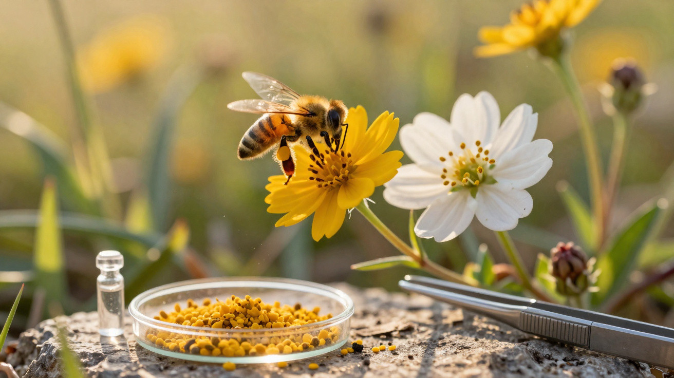 Abelha coletando pólen de flor amarela próxima a flor branca, com prato e pinça ao fundo.