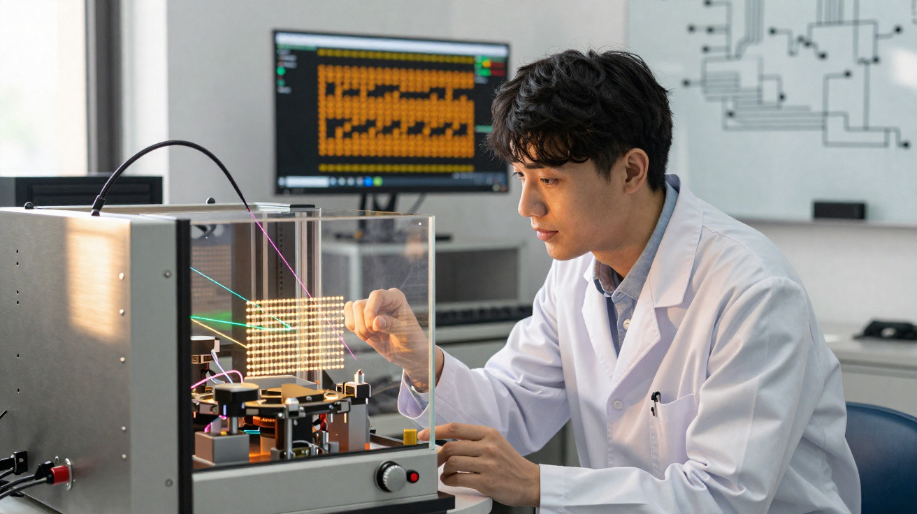Homem de jaleco branco operando equipamento tecnológico para pesquisa em laboratório moderno.