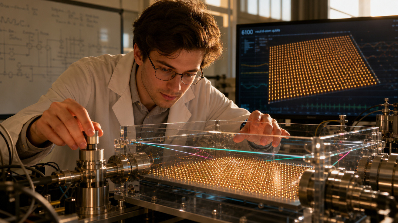 Jovem cientista controla equipamento com feixes de luz coloridos em laboratório de física avançada.