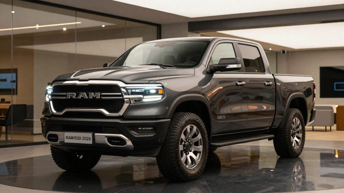 Picape RAM 1500 2026 cinza em ambiente interno moderno com rodas robustas e faróis ligados.