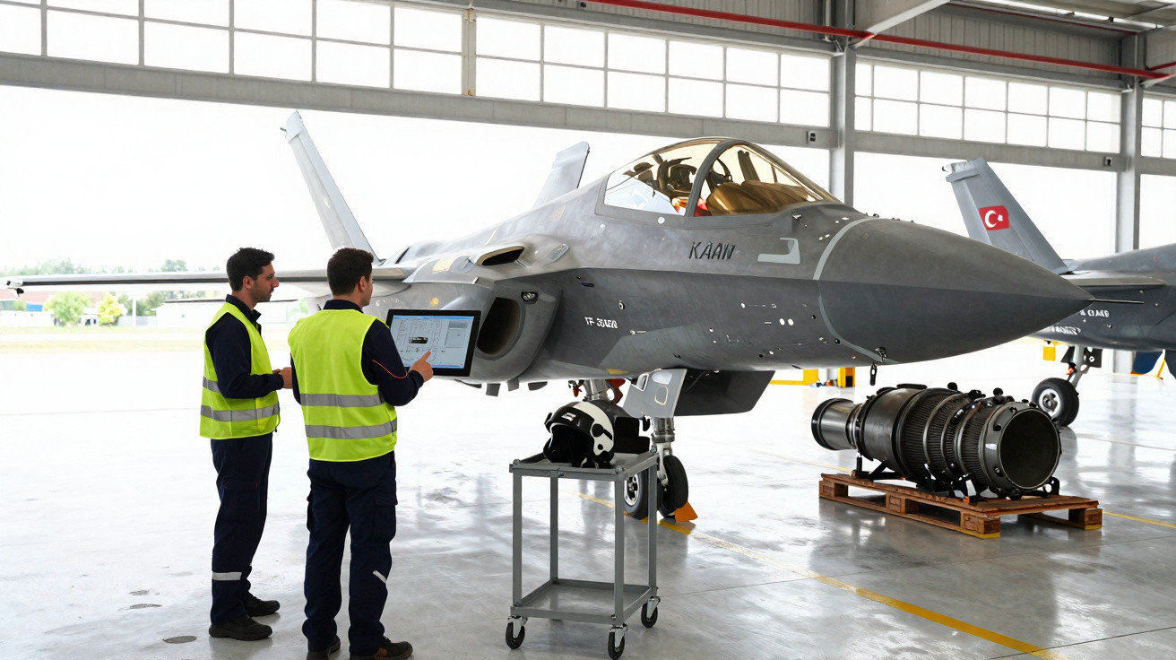 Dois técnicos com coletes amarelos inspecionam um caça cinza em hangar com motor ao lado.
