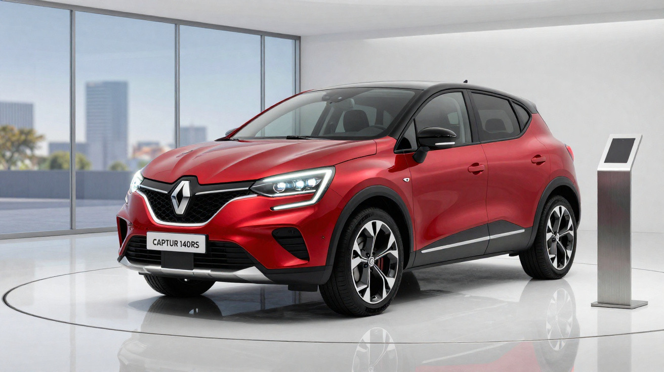 Carro SUV Renault Captur 140RS vermelho exposto em ambiente interno moderno com piso branco.