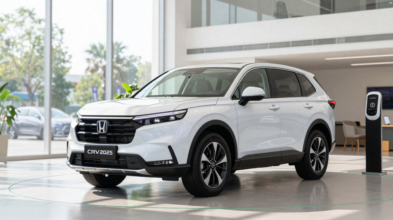 Carro SUV branco Honda CRV 2025 em exibição dentro de showroom moderno e iluminado.