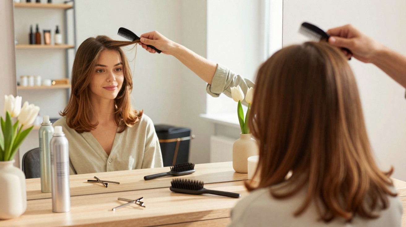 Mulher penteando o cabelo em frente ao espelho em ambiente claro e organizado.