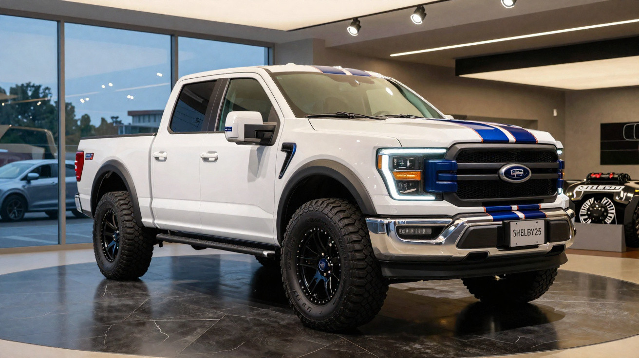 Picape branca Ford F-150 Shelby com faixa azul, pneus robustos, em showroom moderno.