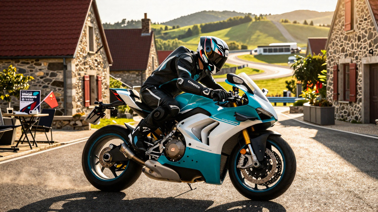 Motociclista equipado em moto esportiva azul e branca em rua de vilarejo com casas de pedra e colinas ao fundo.