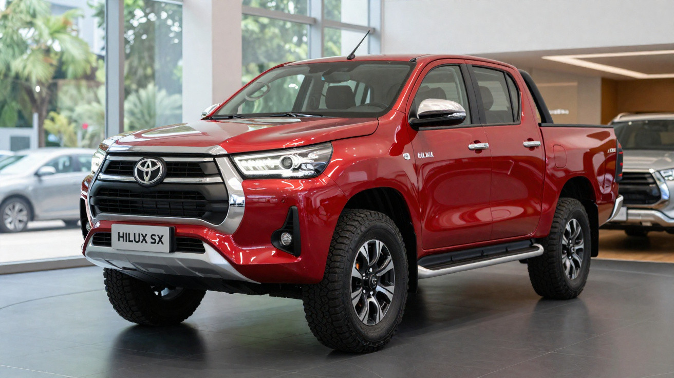 Picape Toyota Hilux SX vermelha exposta em showroom moderno com painel frontal cromado.