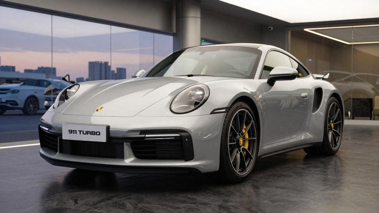 Carro esportivo Porsche 911 Turbo cinza estacionado em showroom com piso escuro e decoração moderna.