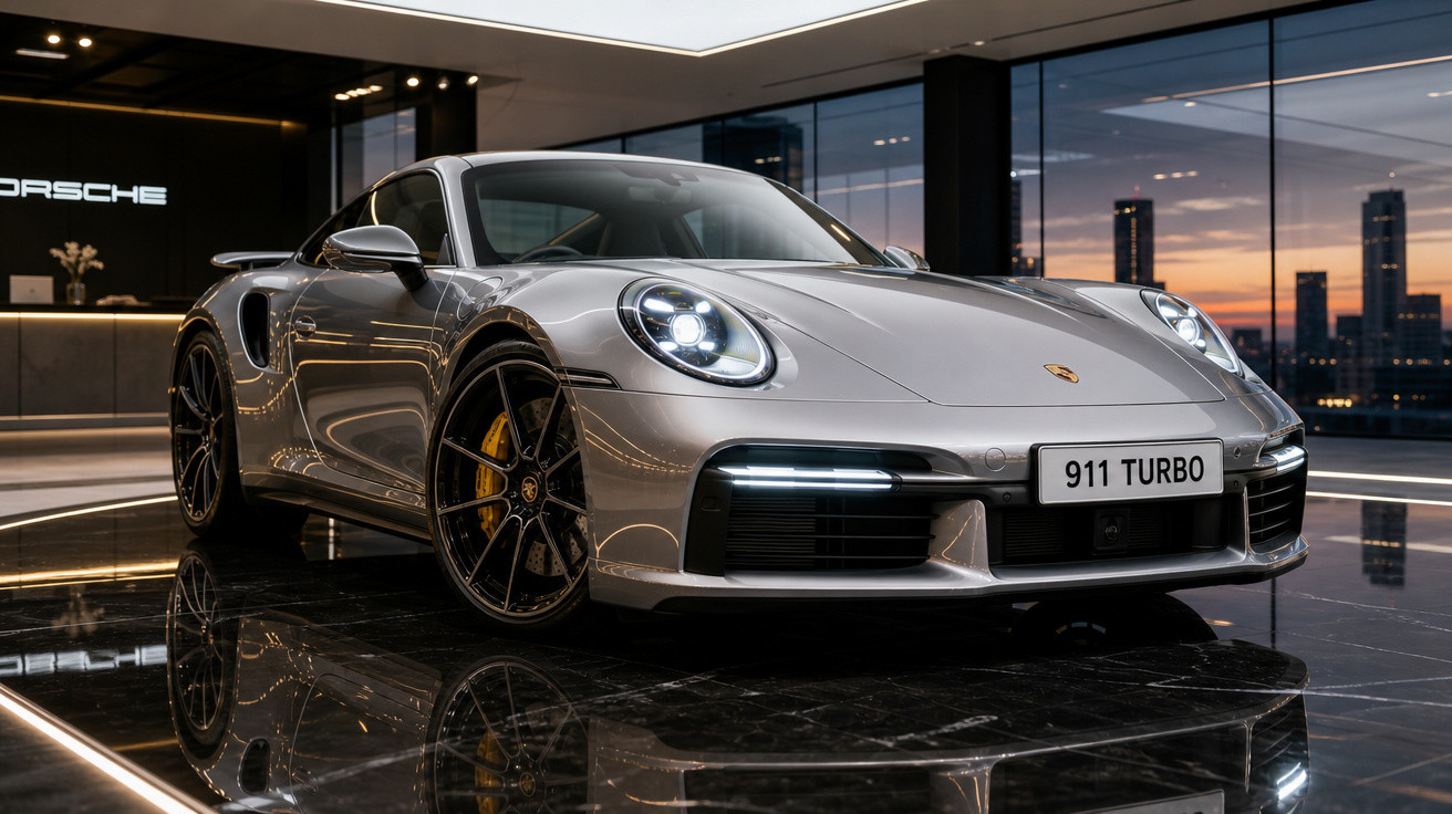 Carro esportivo Porsche 911 Turbo prata em chão de mármore com reflexo, exibido em showroom ao pôr do sol.