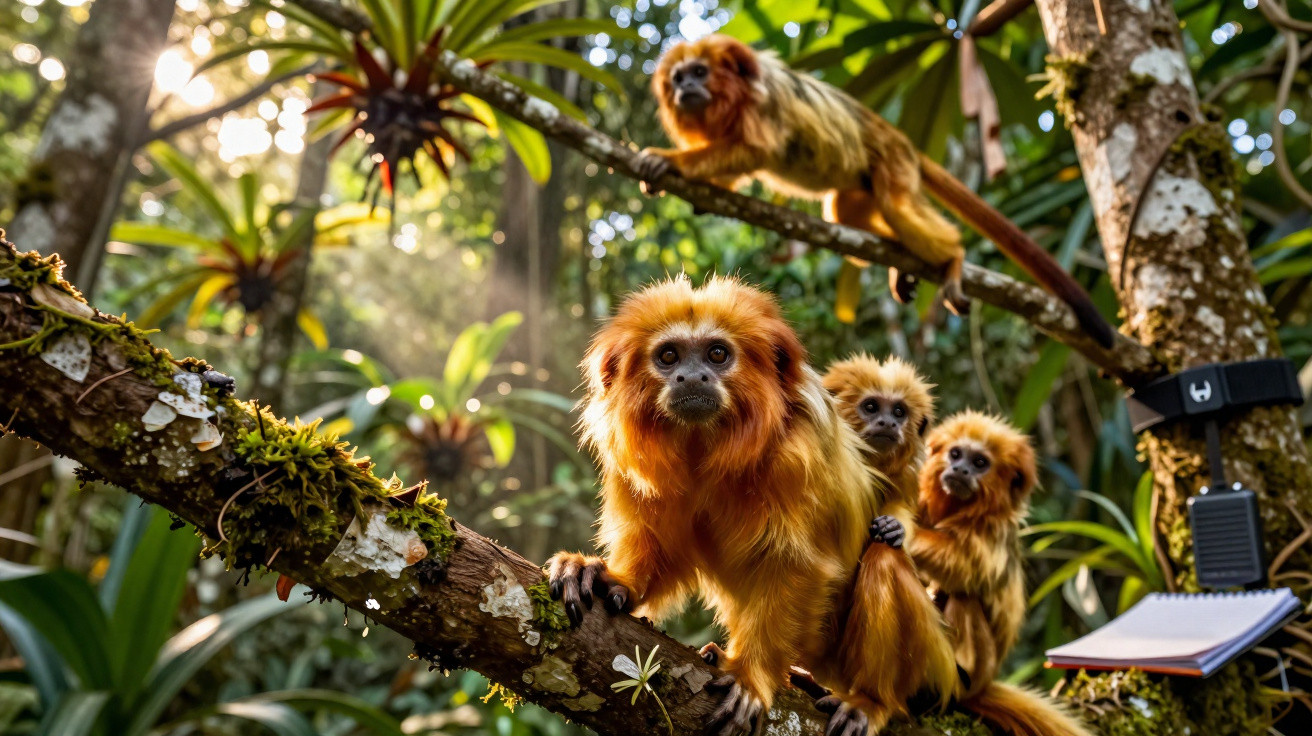 Grupo de saguis-de-tufos-dourados em galhos na floresta iluminada pelo sol.