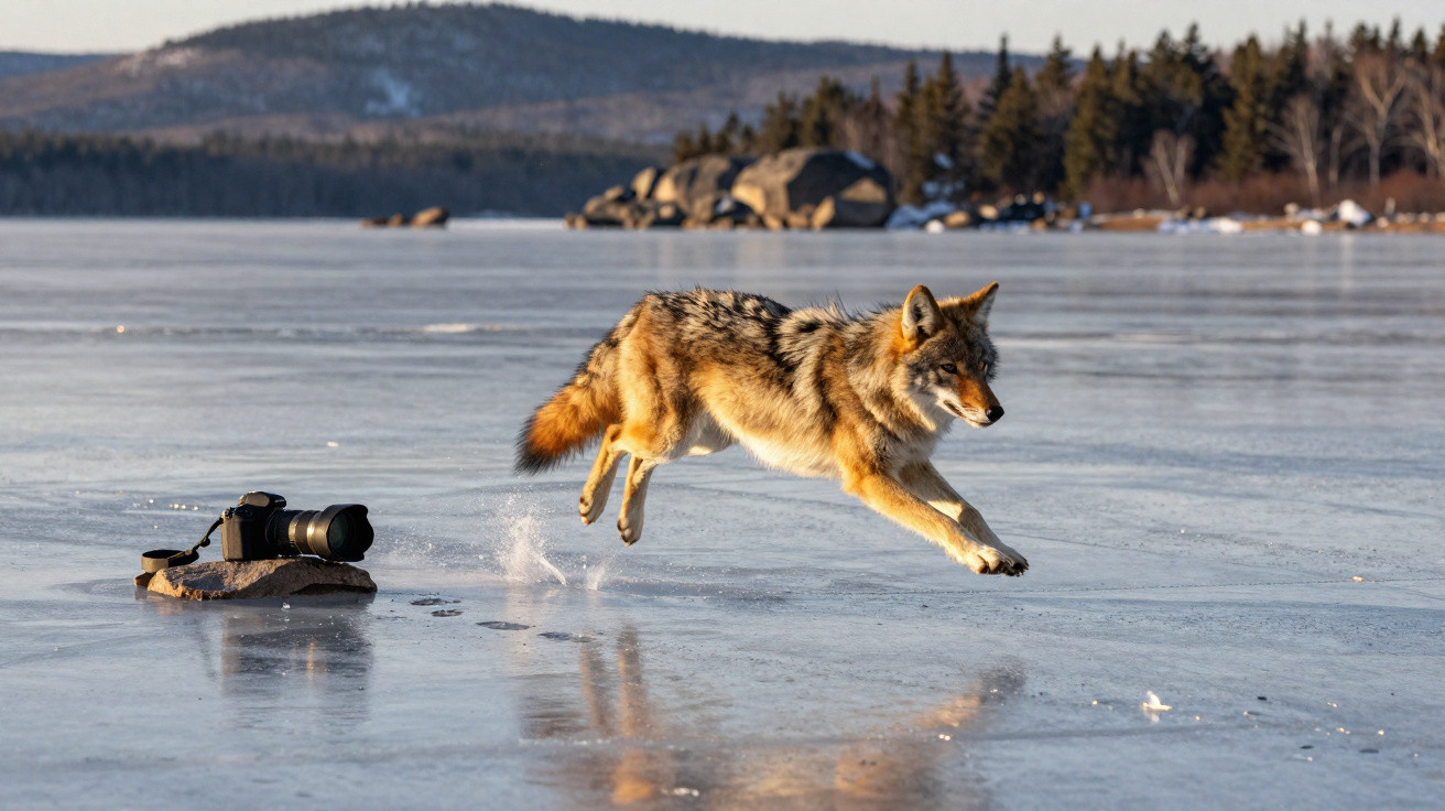 Lobo saltando sobre lago congelado próximo a câmera fotográfica sobre o gelo com árvores ao fundo.