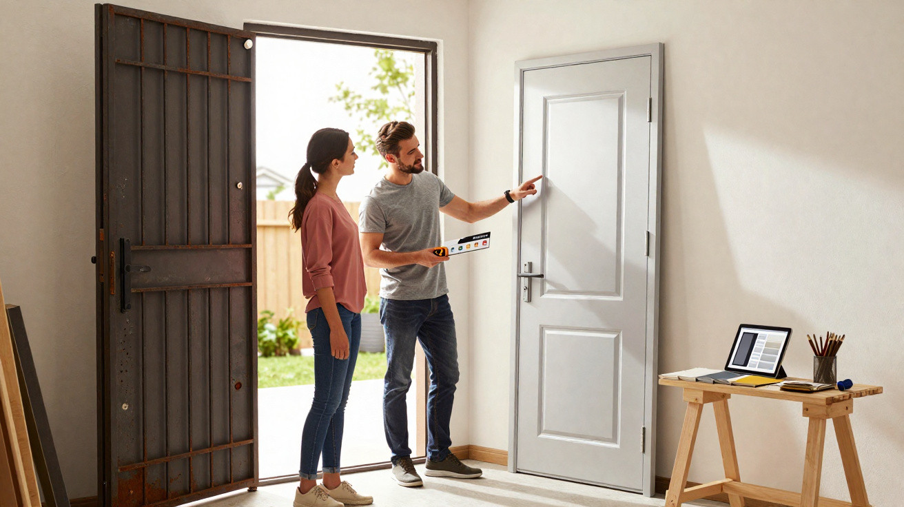 Casal analisando porta interna branca ao lado de porta aberta com área externa ao fundo.