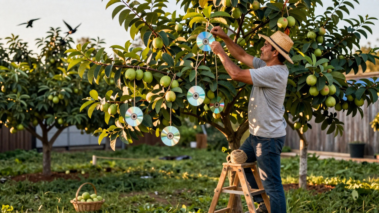 Homem em escada pendura CDs em árvore cheia de frutas para proteger das aves.
