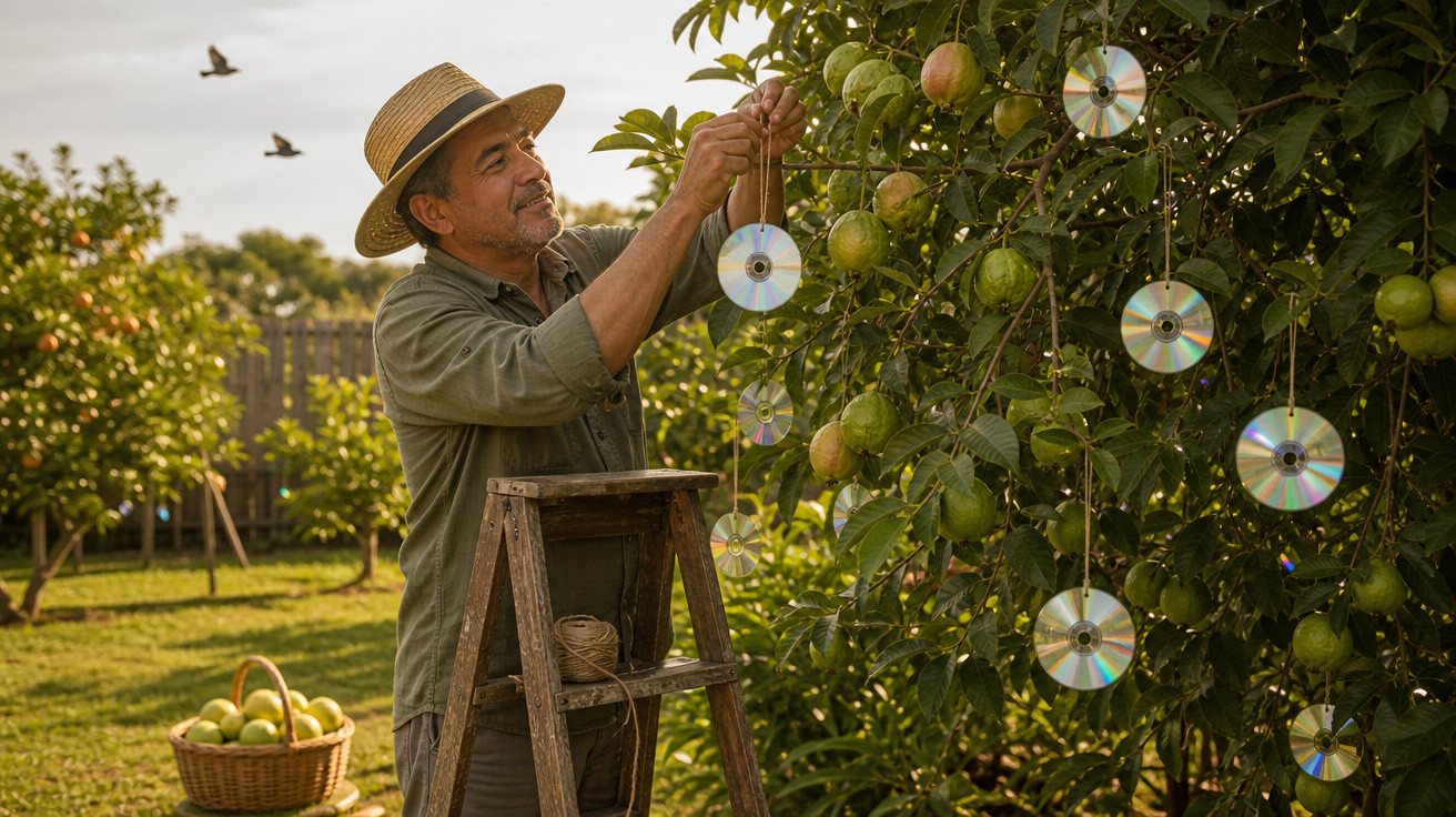 Homem em escada pendura CDs em árvore para proteger frutas enquanto pássaros voam ao fundo.