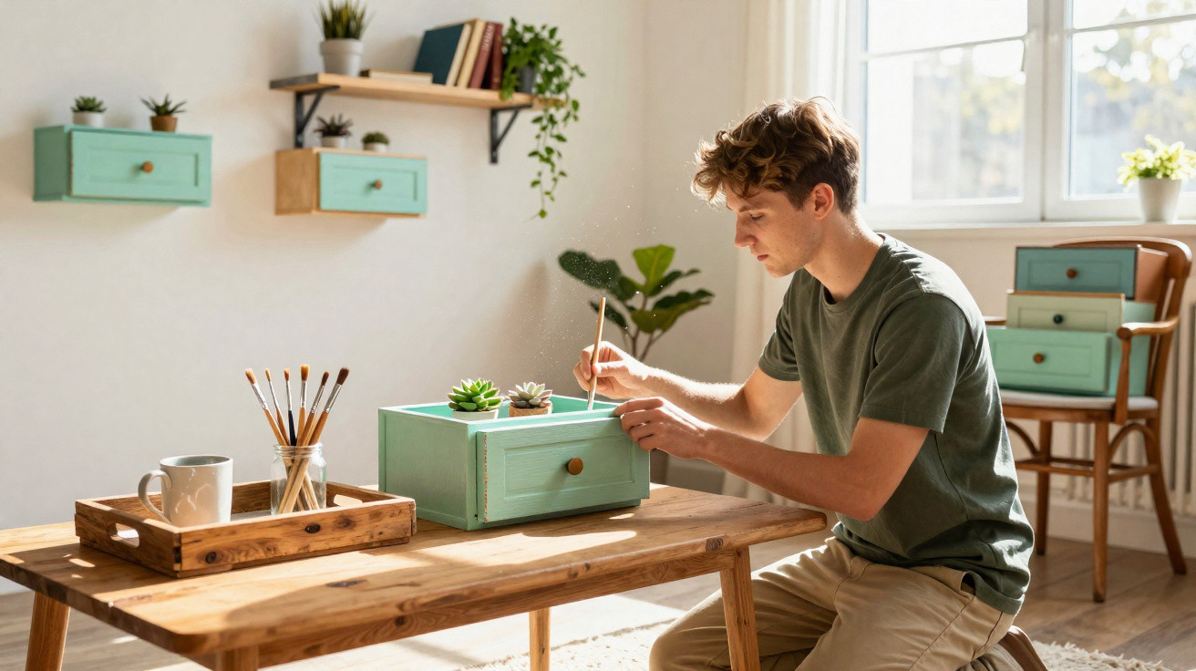 Jovem pintando móvel de madeira verde em sala iluminada com plantas e pincéis sobre mesa de madeira.